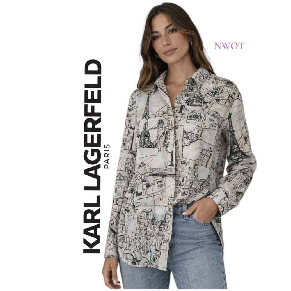 NWOT Karl Lagerfeld Pink Watercolor Scenes of Paris Print Blouse Size Medium